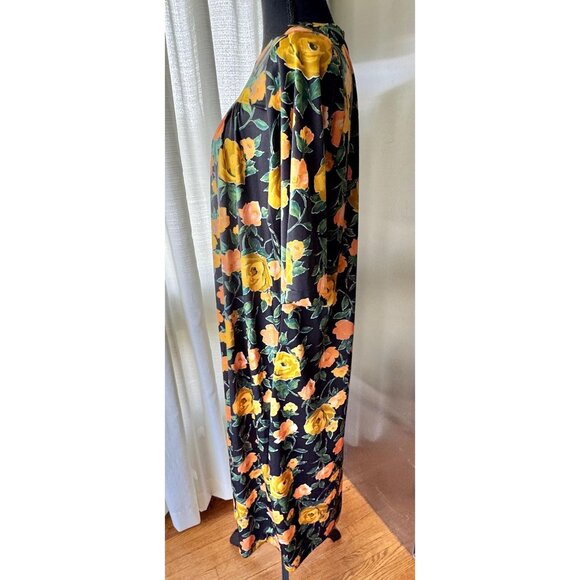 Vintage 80s housedress, black, bold orange, green floral, long sleeves, granny - Picture 3 of 7